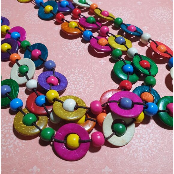 Handmade Multicolor Wood Beaded Necklace Boho 24 In Length Statement Jewelry - Picture 2 of 5